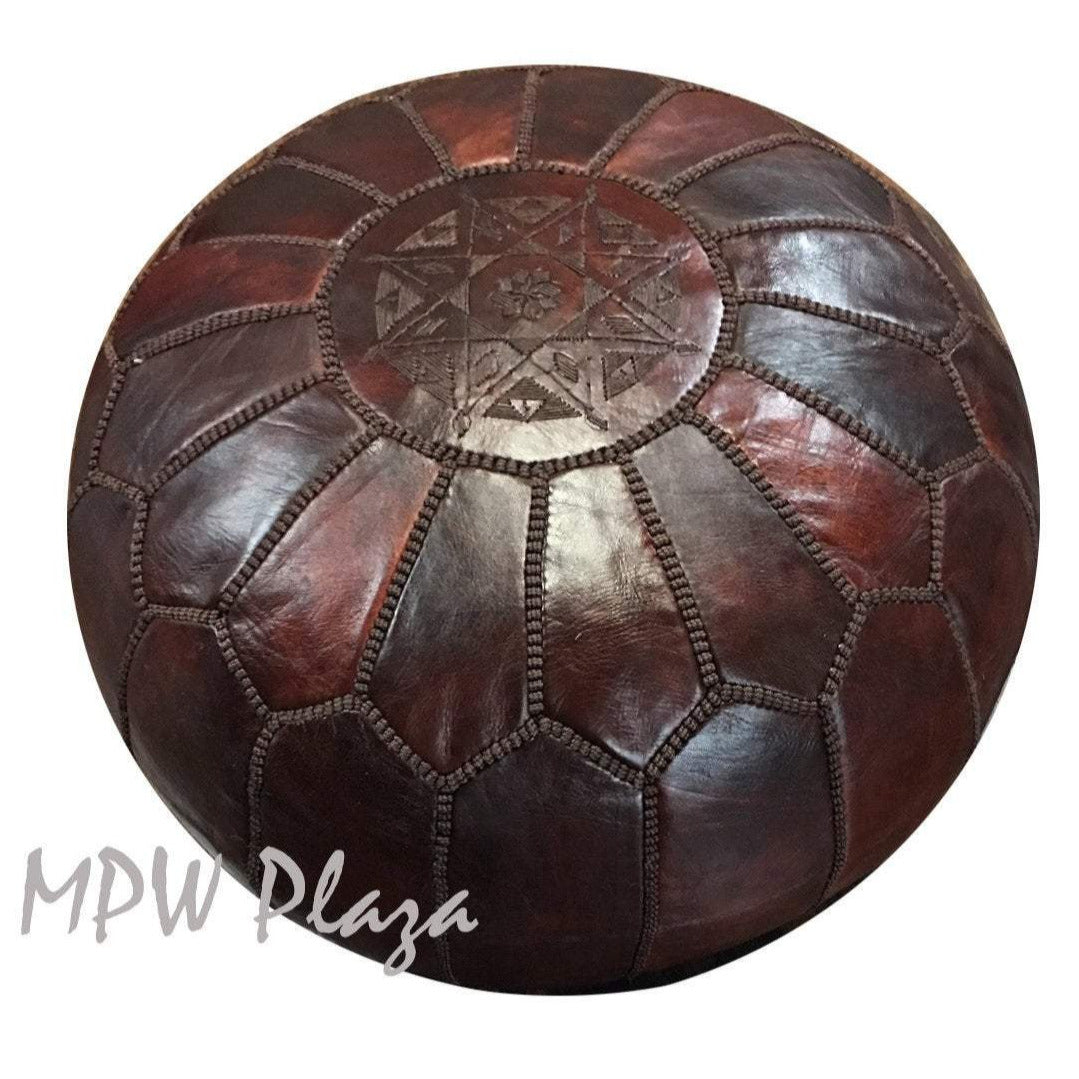 MPW Plaza® Moroccan Pouf, Dark Brown w dark silk, 14 x 20 Topshelf  Leather (Stuffed)